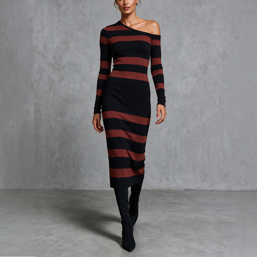 ÉLÉONORE™ | Robe midi rayée à épaule dénudée chic