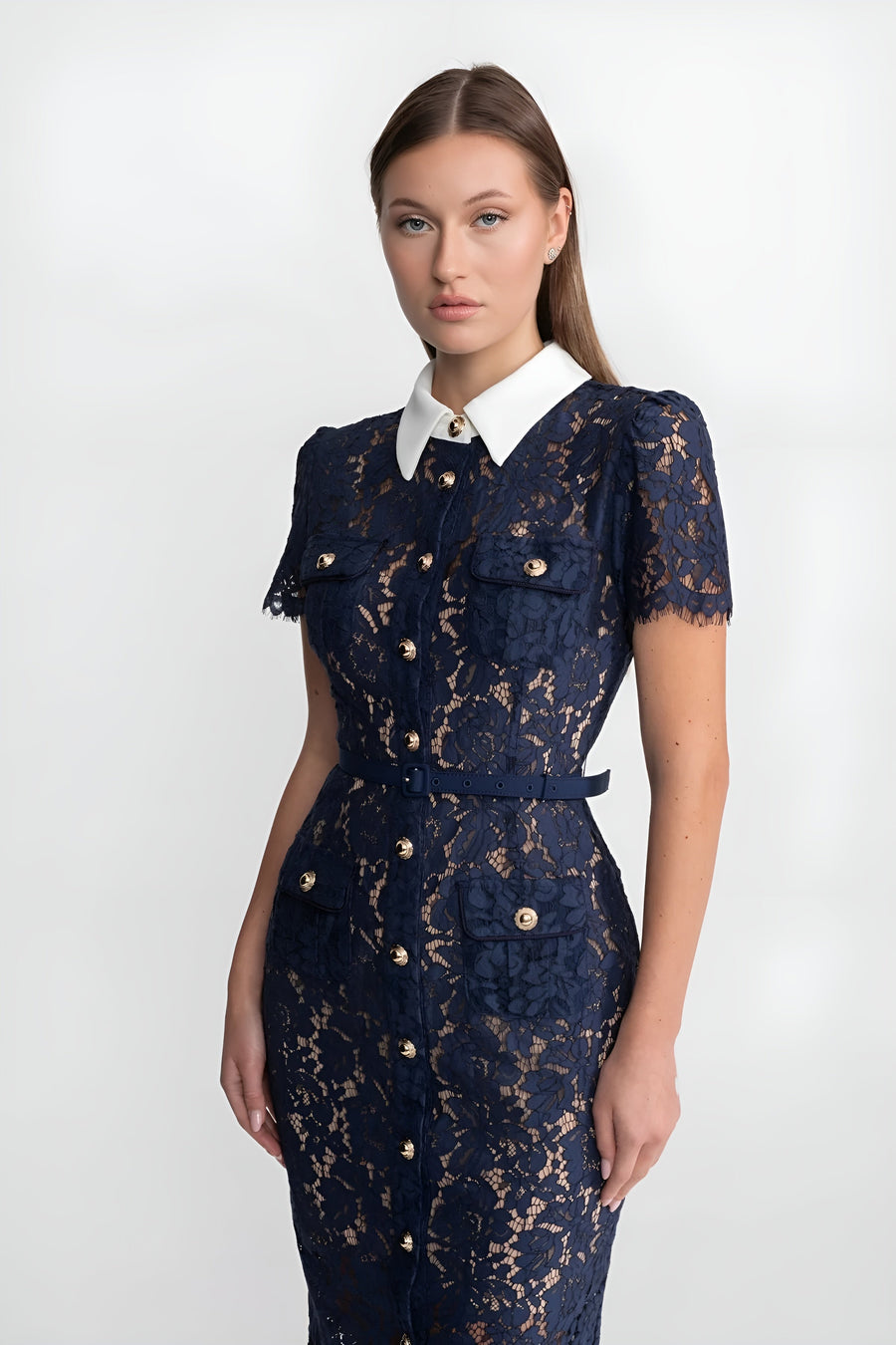 Marine™ | Robe Midi en Dentelle Florale avec Col Tailleur et Taille Ceinturée