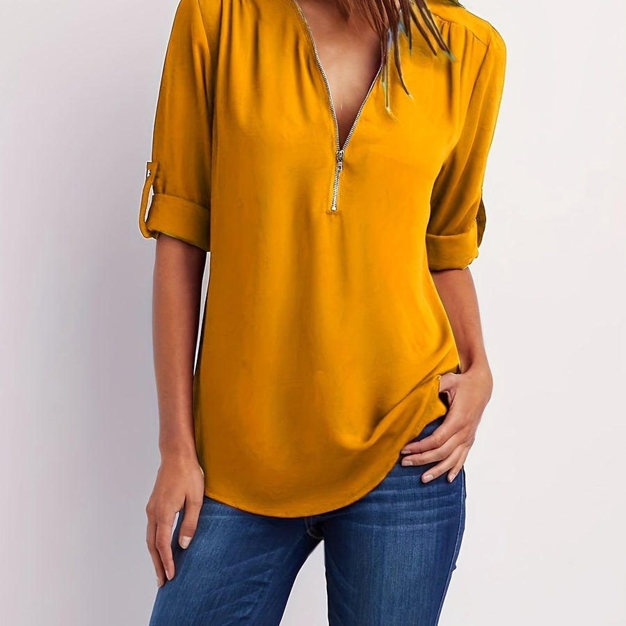 ÉLODIE™ | Blouse Élégante à Col V Zippé