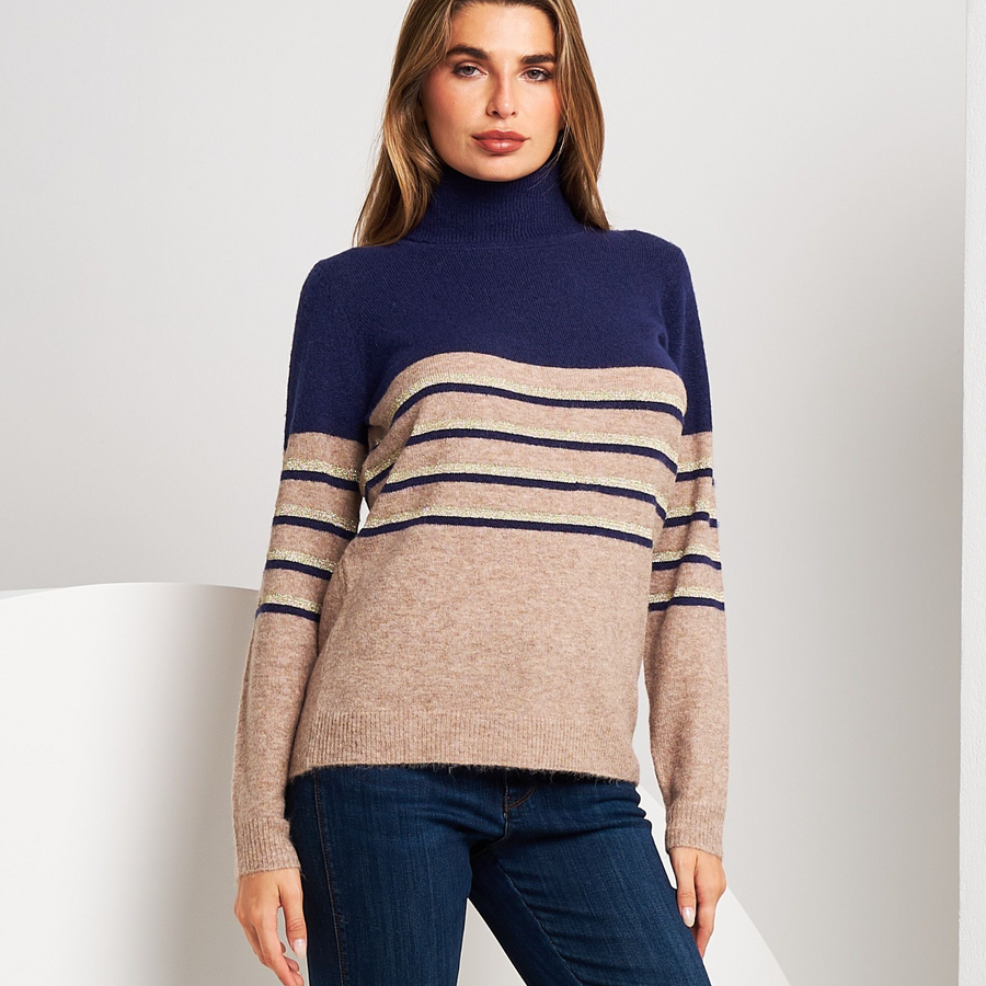 Élise™ | Pull Bicolore à Rayures et Col Montant